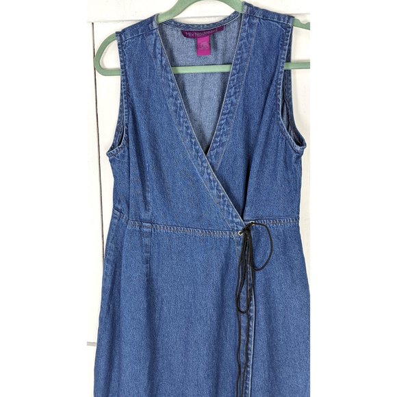90s vintage blue cotton jean denim sleeveless long maxi wrap dress PM - Picture 3 of 5